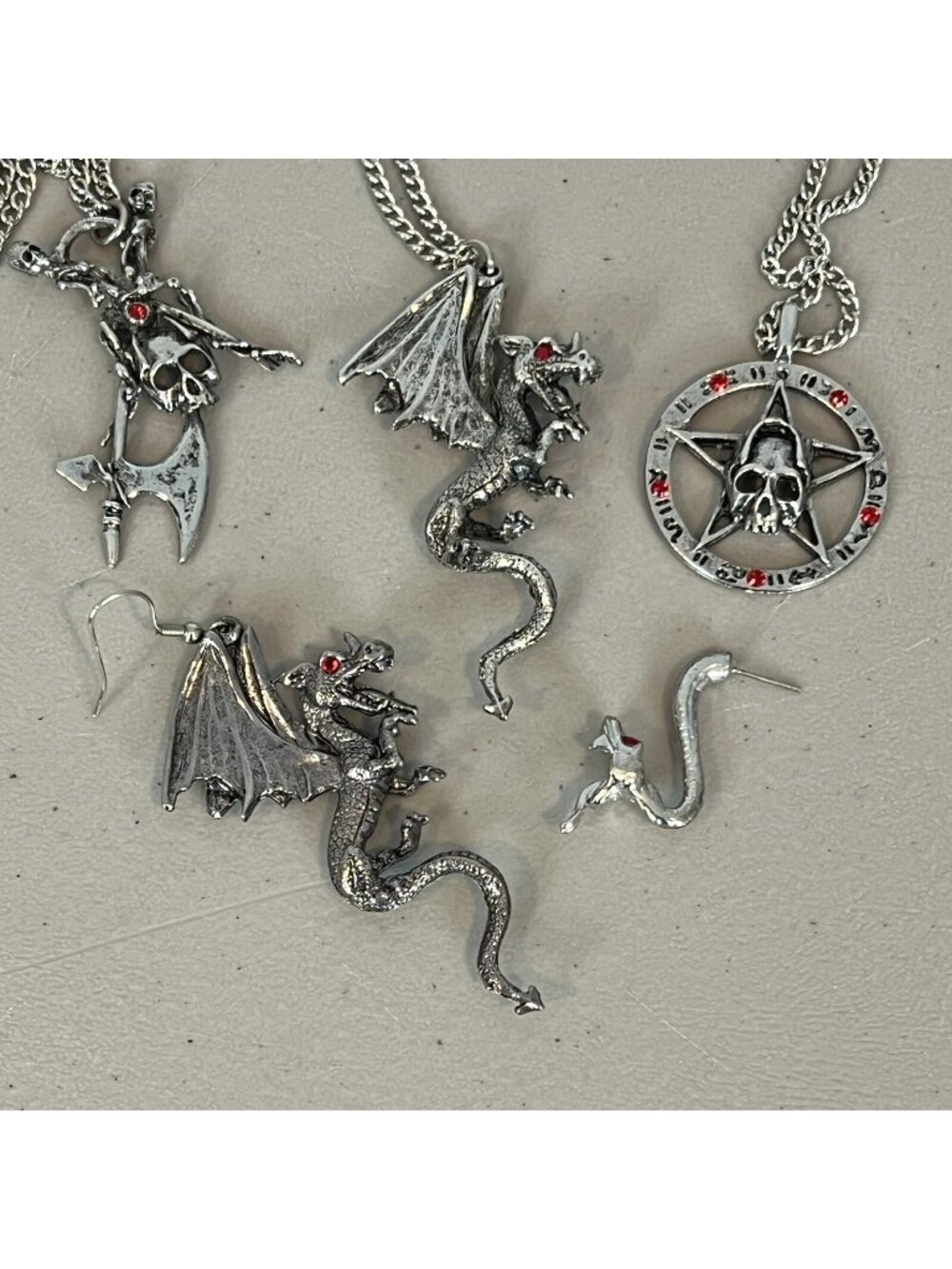 Dragon Pentagram Skull and Snake Jewelry Lot Silver Tone Gothic Halloween Oddity